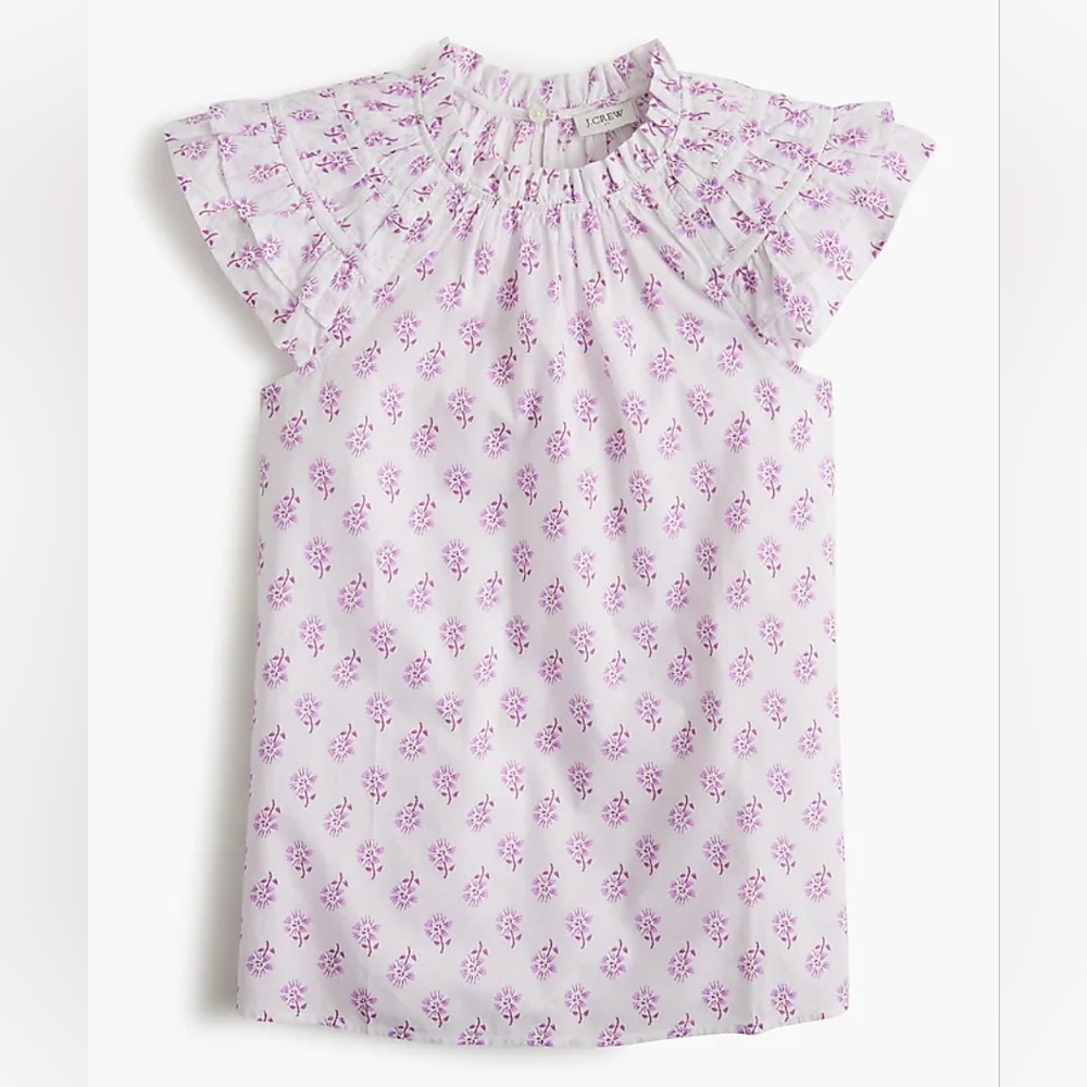 J.Crew Floral Flutter Sleeves Cotton Top, Small, White/ Purple